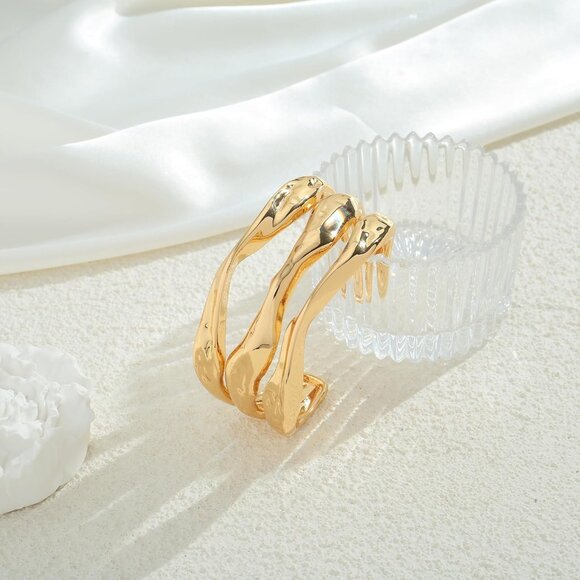 Bold Gold Chunky Cuff Bracelet for Women with Hammered Finish, Adjustable Irregu - Picture 7 of 8